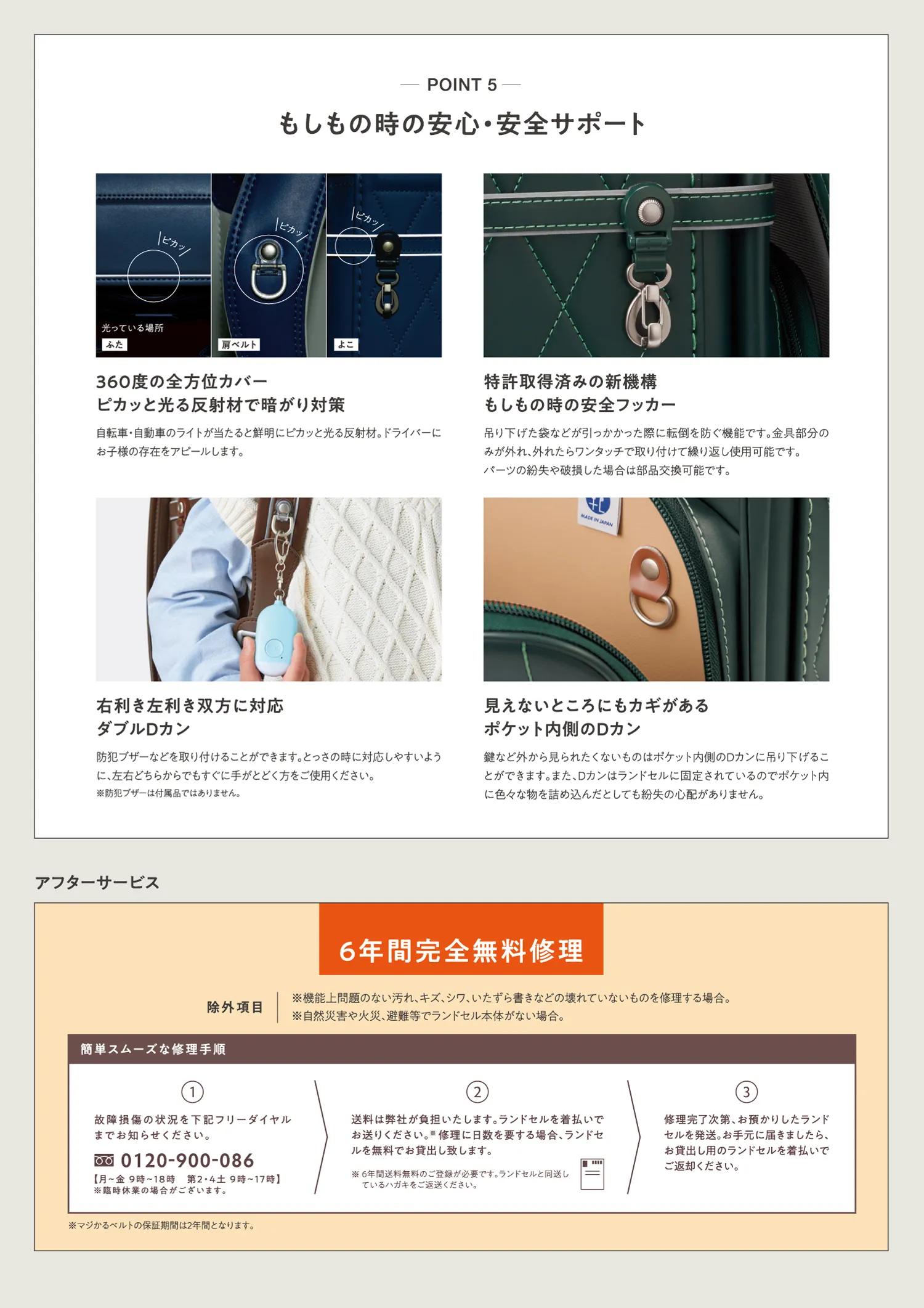 オーダーランドセルこだわりの機能紹介:もしもの時の安心安全サポート・6年間完全修理無料