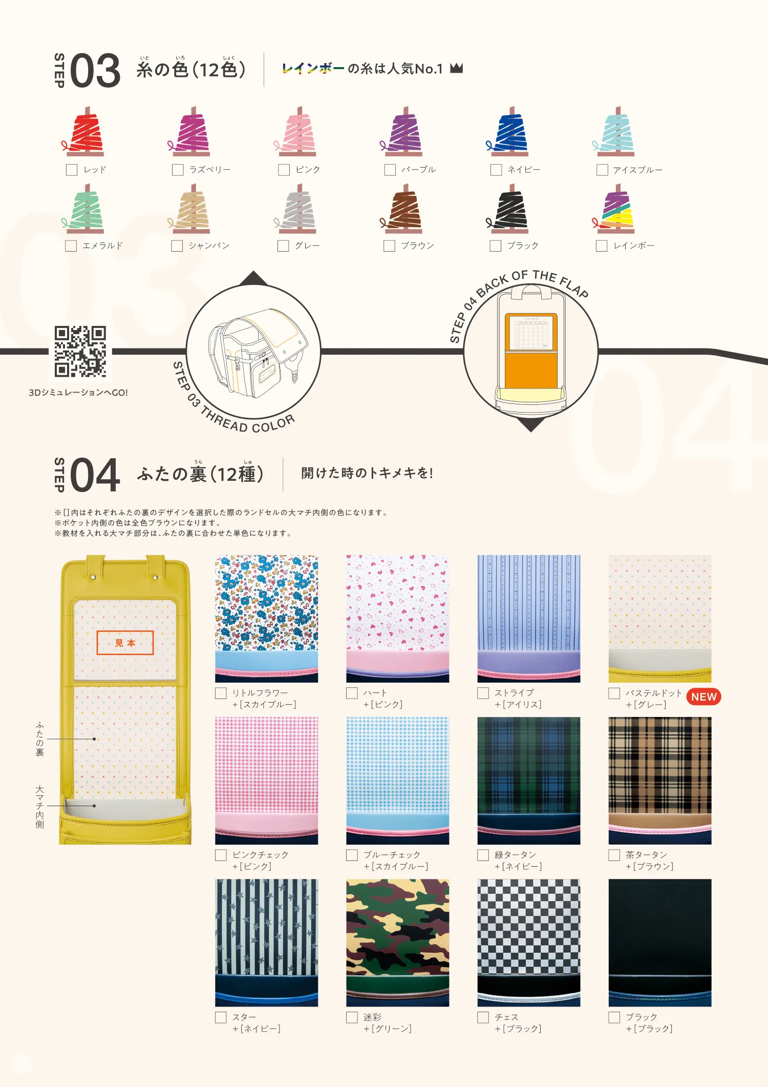 オーダーランドセルの糸の色・ふたの裏の模様のバリエーション